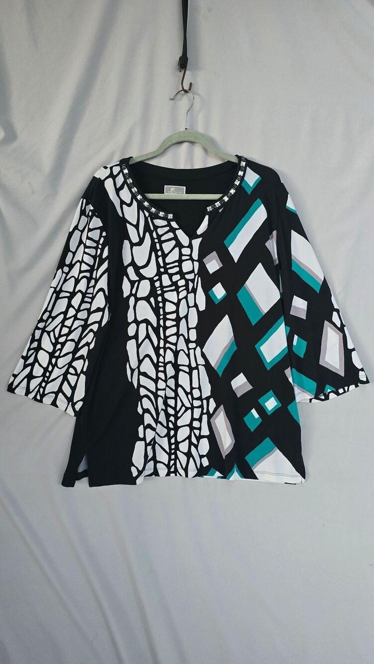 JM Collection Blouse Womens XL Black Geometric Beaded Kimono Sleeve Tunic Top